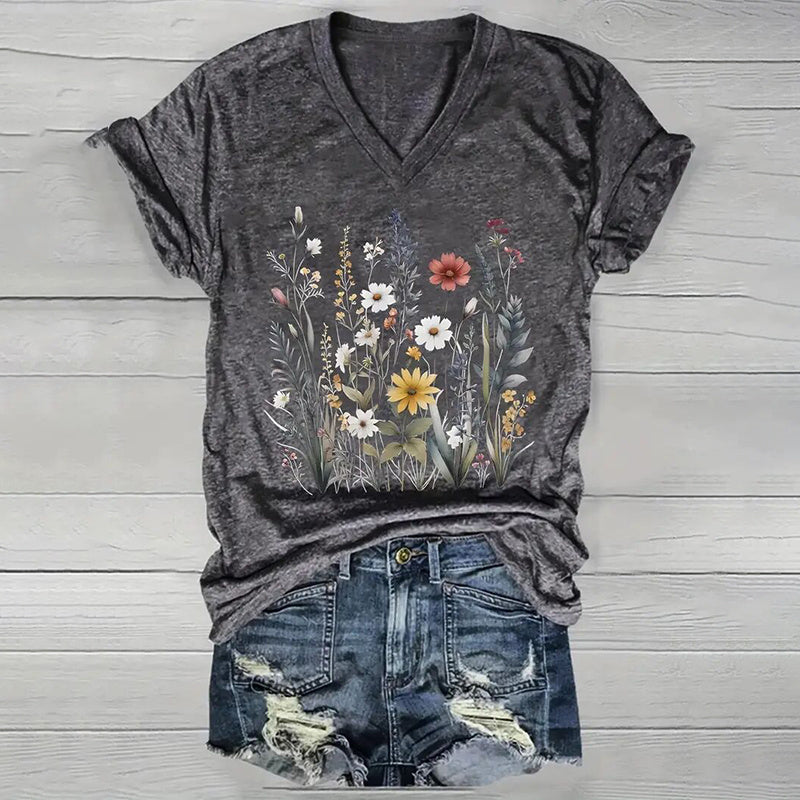 Women's Vintage Floral T Shirt Boho Wildflower Graphic Loose Tees Short Sleeve V Neck Tops