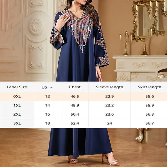 Women's Plus Size V-Neck Embroidered Print Boho Vintage Long Sleeve Maxi Dress For Vacation