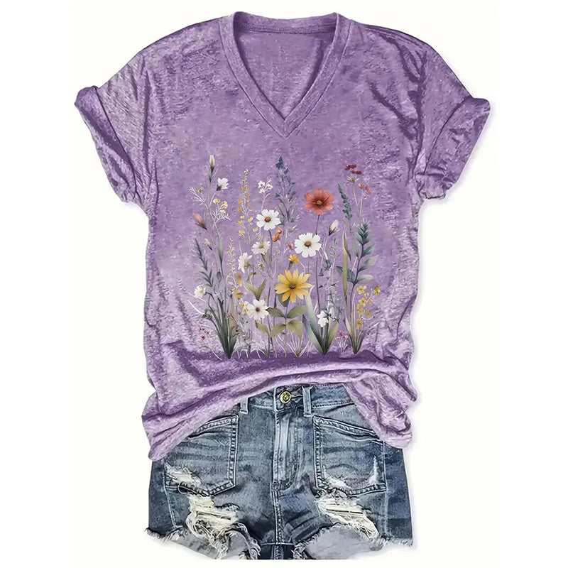 Women's Vintage Floral T Shirt Boho Wildflower Graphic Loose Tees Short Sleeve V Neck Tops