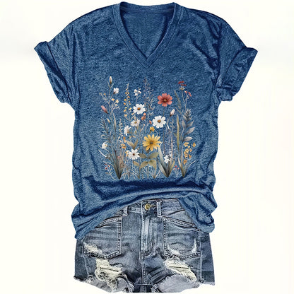 Women's Vintage Floral T Shirt Boho Wildflower Graphic Loose Tees Short Sleeve V Neck Tops