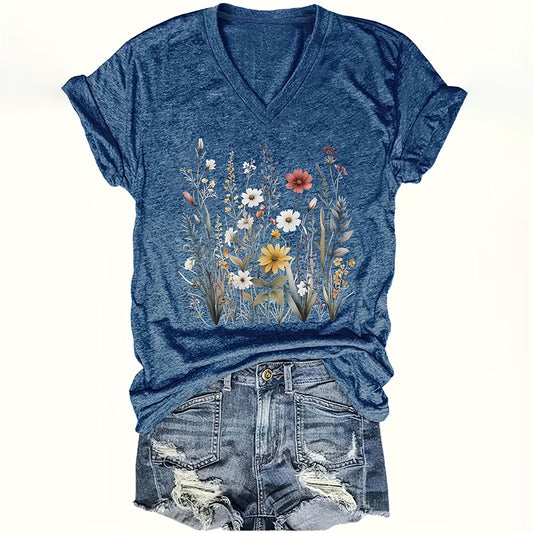 Women's Vintage Floral T Shirt Boho Wildflower Graphic Loose Tees Short Sleeve V Neck Tops